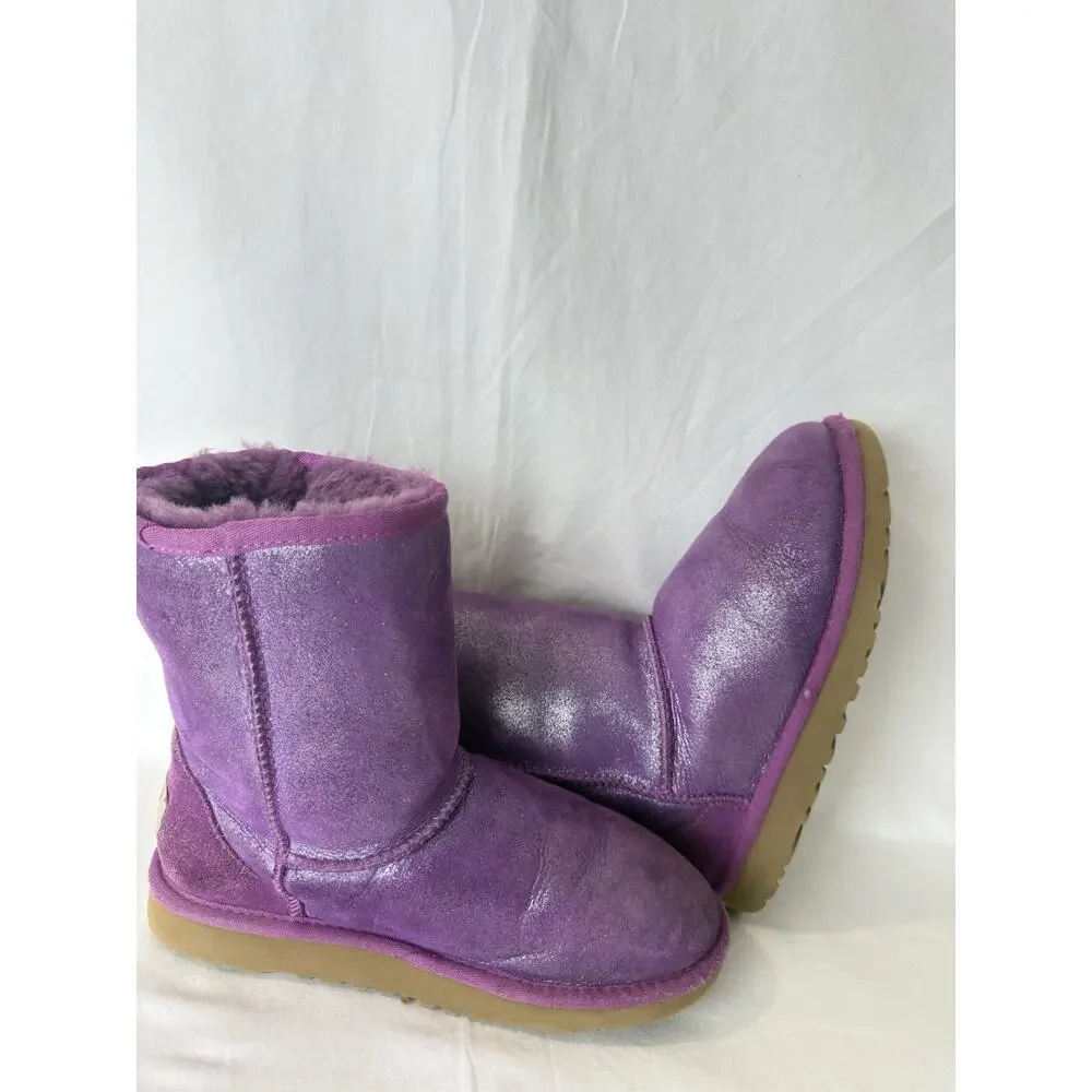 UGG Australia Classic Short Metallic Purple Suede Winter Boots Girls Size 4